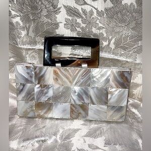 Vtg Mother Of Pearl MOP Tile w Carved Bovine Horn Handle Handbag Clutch